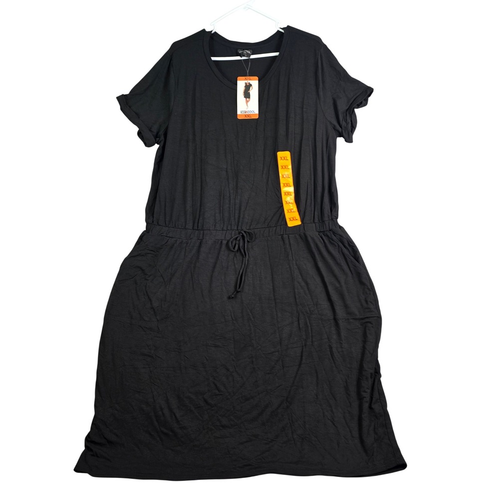 32 Degrees Cool Knit Dress Women XXL Black Short Sleeve Drawstring Pocket Midi